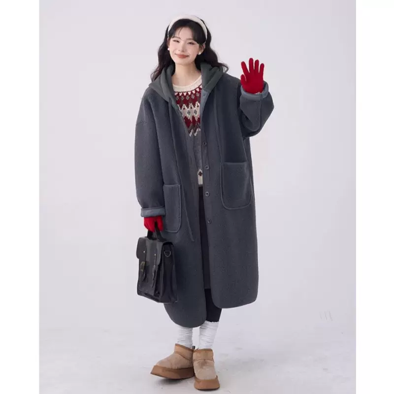 2025冬季文艺慵懒风宽松大码女装中长连帽羊羔毛加厚保暖外套大衣