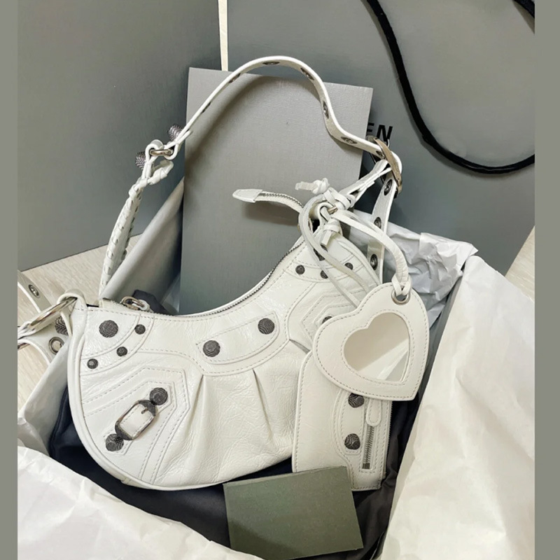 2024 New Mini Motorcycle Bag Underarm Bag Studded Tassel 3-In-1 Crescent Pleated Cowhide Shoulder Crossbody Bag For Women - Thumbnail 2
