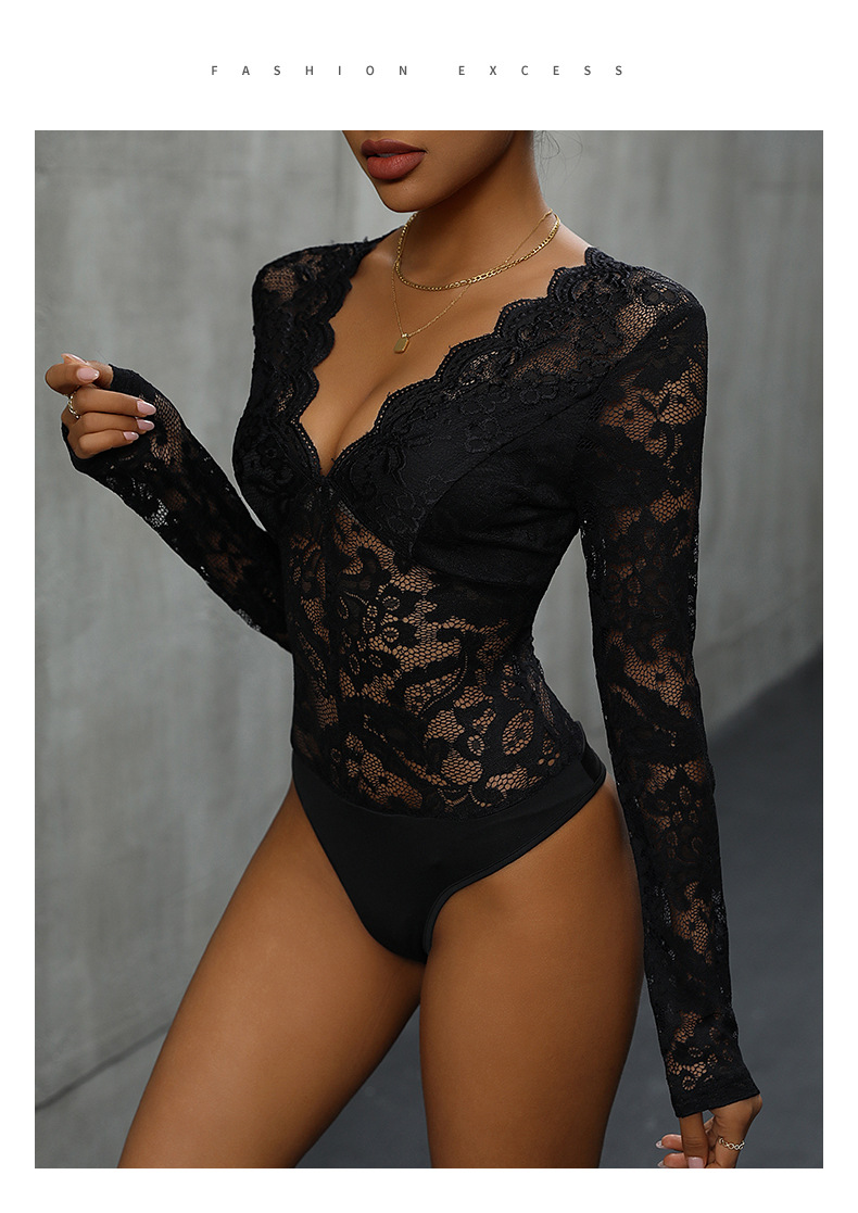 Body intero con scollo a V sexy e popolare in pizzo_voghion.com