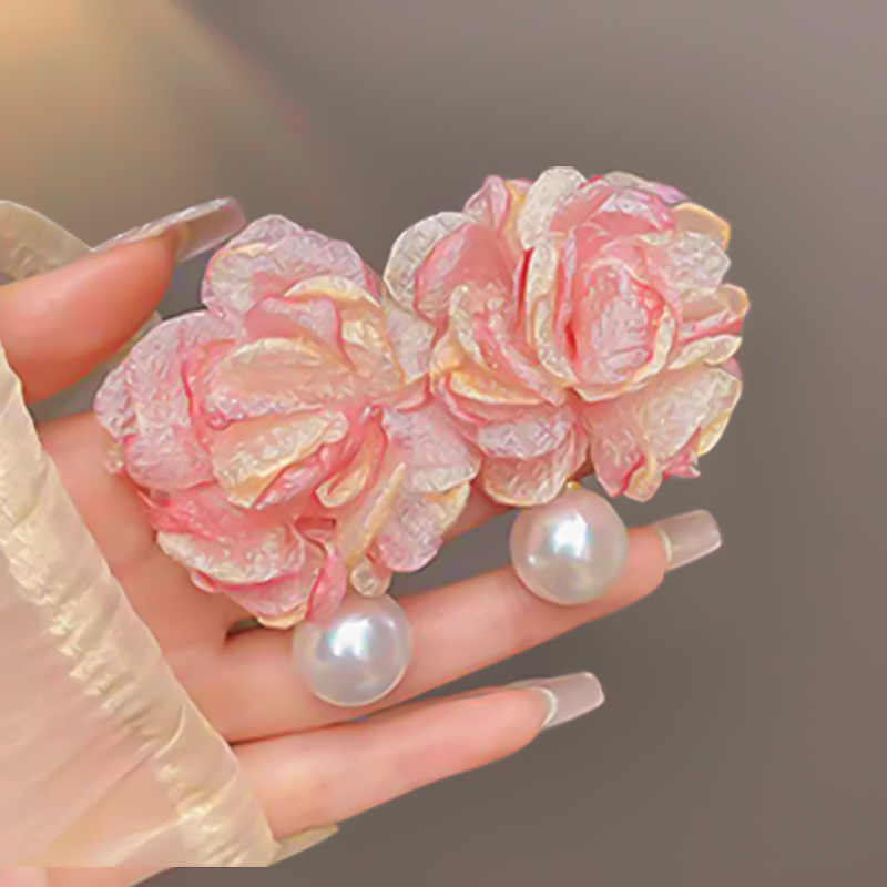 진주 큰 꽃 귀 클립