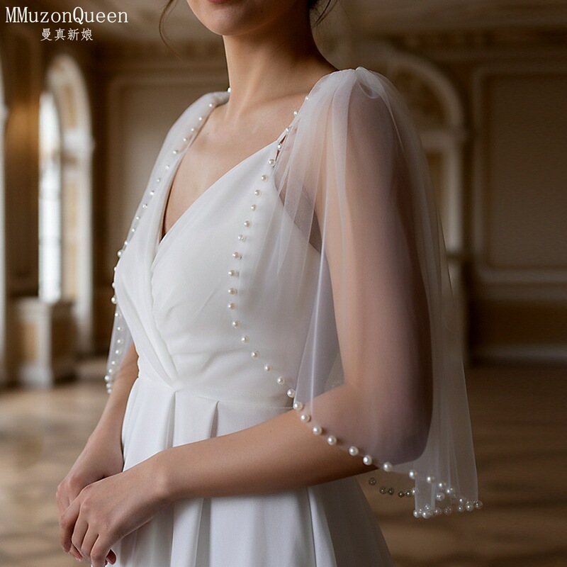Manzhen a Pair of Elegant Soft Mesh Pearl-Decorated Shawls, Detachable Sleeveless Dress Arm Gauze Accessories Vg40A Manzhen a Pair of Elegant Soft Mesh Pearl-Decorated Shawls, Detachable Sleeveless Dress Arm Gauze Accessories Vg40A