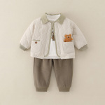 新款婴儿秋冬套装三件套a类可爱卡通薄棉外套男宝宝男童秋装儿童