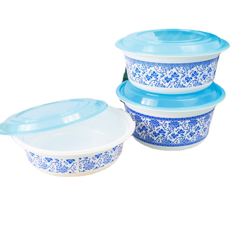 Caja de embalaje desechable tazón azul y blanco gran capacidad cangrejo de río olla caliente plato grande pollo recipiente de plástico grueso calibre 230