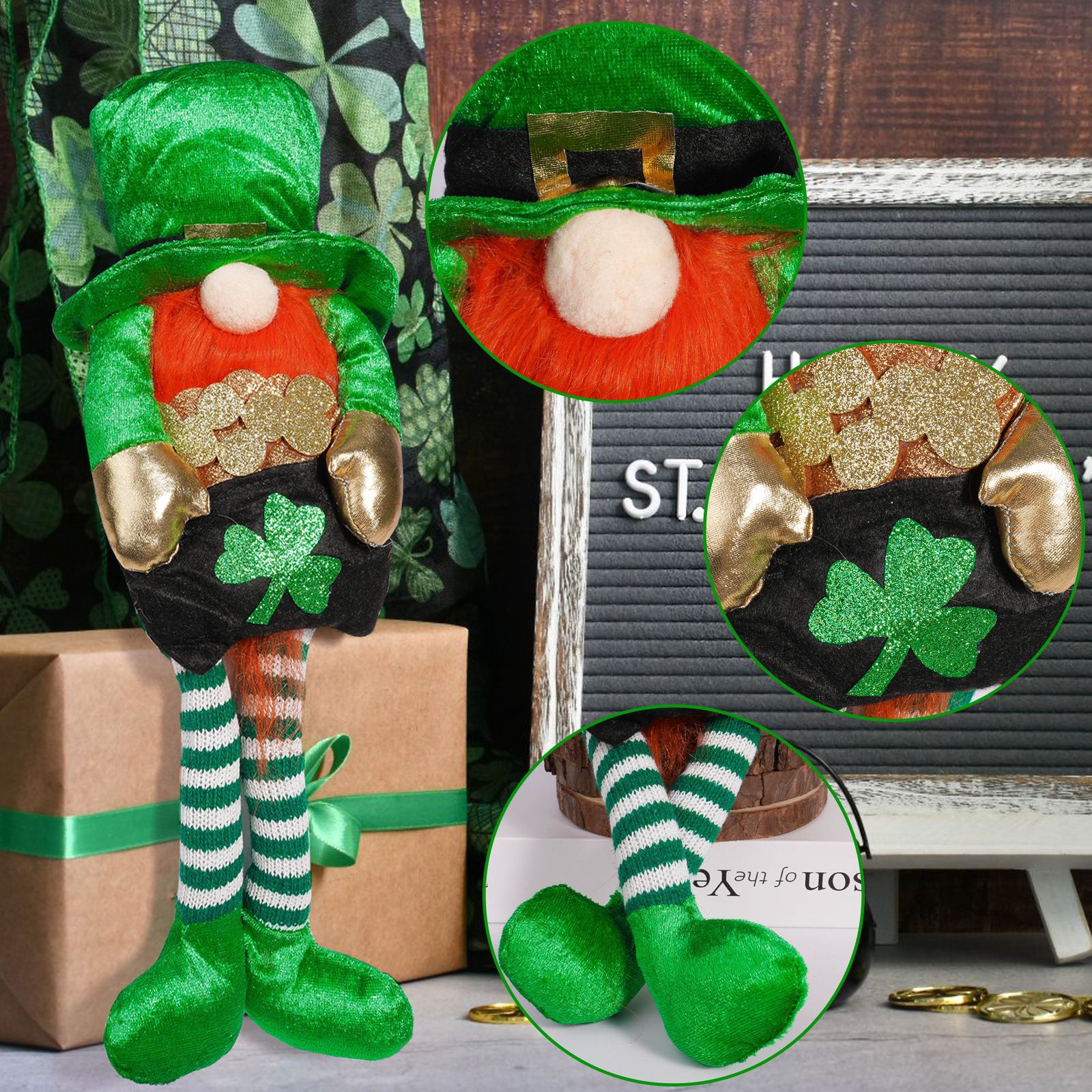 Transfronterizo irlandés Día de Patricio decoración muñeca de piernas largas verde arco iris enano hoja verde decoración Rudolph