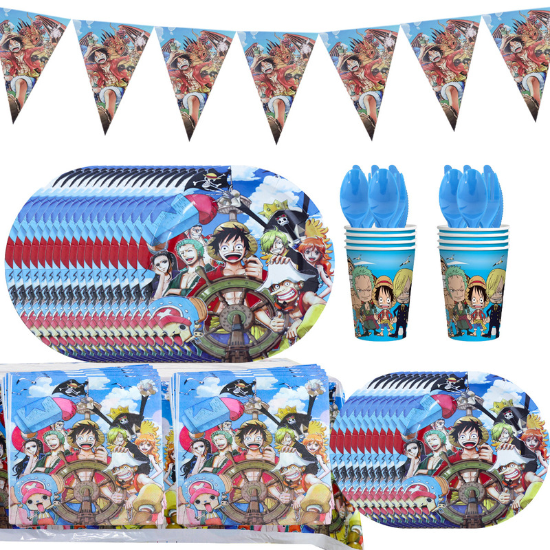 Cross-border One Piece Birthday Party Decoration Luffy Party Supplies Paper Tray Tissue Paper Cup Tablecloth Candy Box Pull Flag