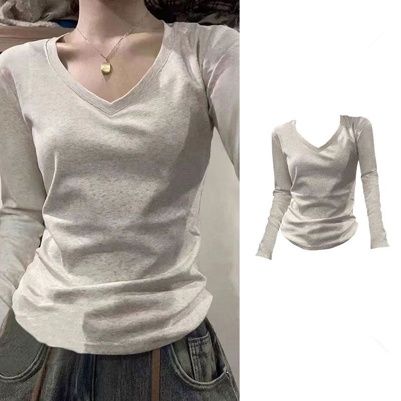 American-Style V-Neck Regular Shoulder Long-Sleeve T-Shirt for Women 2025 Spring and Autumn New Design Versatile Slim-Fit Base Top Trendy