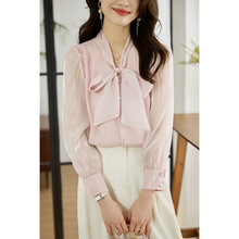 实拍衬衣女秋季小众洋气系带蝴蝶结欧根纱上衣法式灯笼袖长袖衬衫