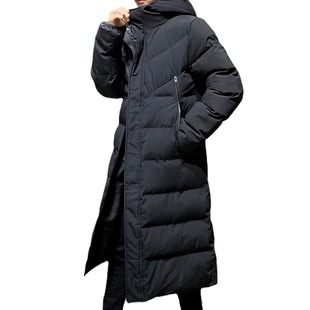 Winter cotton-padded jacket men's down cotton-padded jacket mid-length over-the-knee thickened color matching hooded college team overalls coat