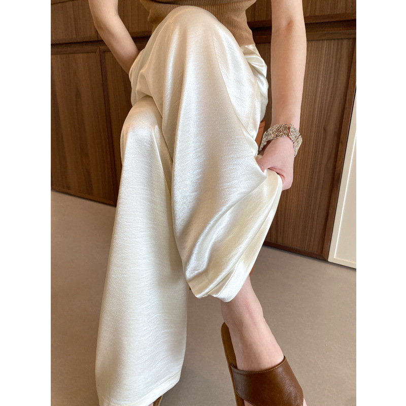 女性用ホワイトワイドレッグパンツ、ハイウエストサマーサテンアセテートカジュアルストレートパンツ、薄いアイスシルククールクラウドロングパンツ|undefined
