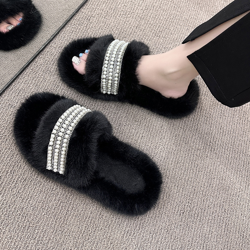 Aumentar la altura de la red de zapatillas de cabello rojo de invierno para mujeres en el hogar zapatillas de perlas antideslizantes primavera y verano