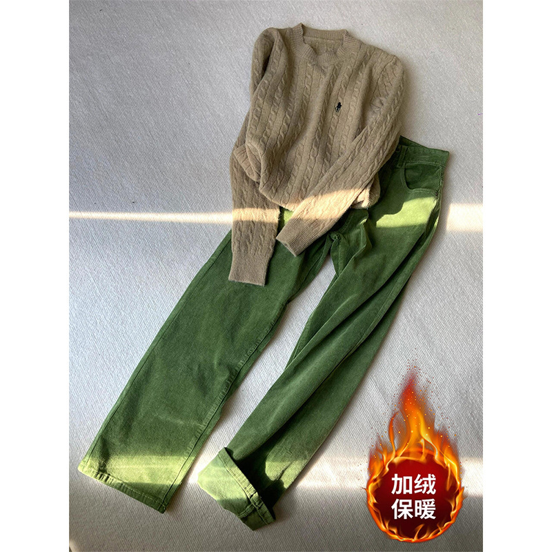 Real Price in Stock Retro Green High-Waisted Velvet Casual Pants Autumn and Winter New Versatile Slim Corduroy Wide-Leg Pants