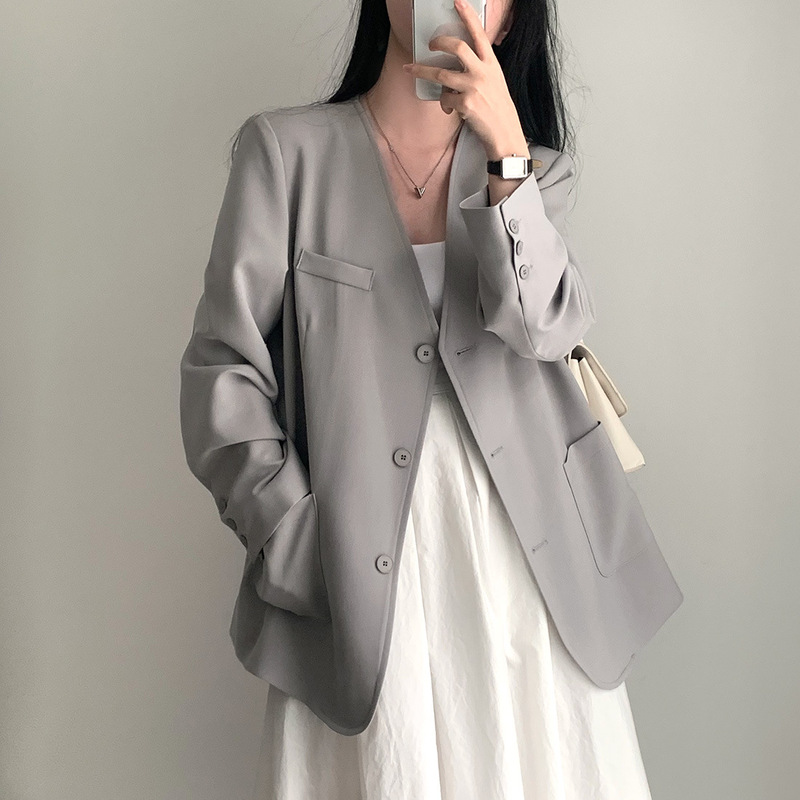 Korean Chic Autumn New French-Style High-End V-Neck Blazer for Women, Loose Casual Solid Color Suit Jacket for Women