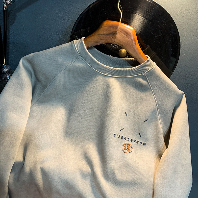 Heavyweight Sweatshirt for Men, Spring Embroidered Print, Loose Round Neck Pullover Knitwear, Casual Versatile Long-Sleeve Top for Men