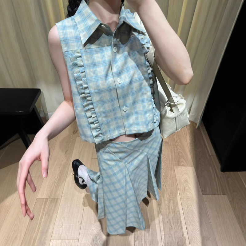 in stock Department of Horticulture Vest Academy Style Lace Decorative Plaid Shirt Russell Plaid Skirt