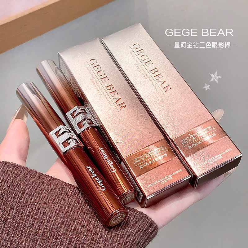 Gege Bear Star River Gold Diamond Eye Shadow Tricolor, crema de seda fina, color de tierra, eye stick, maquillaje transfronterizo