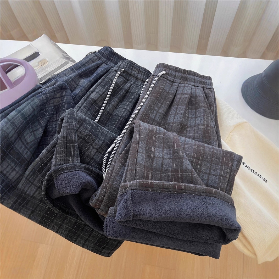2025冬季加绒复古磨毛格子阔腿裤松紧腰高腰宽松直筒裤休闲裤女