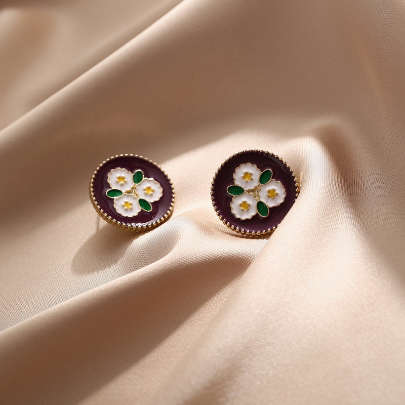 Stoving Varnish Design Retro Feelings Drop Oil Wine Red Hyuna White Flower Round Earrings