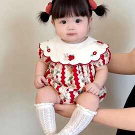 ins女童宝宝兔子卡通印花刺绣翻领哈衣婴幼童甜美夏季短袖连体衣