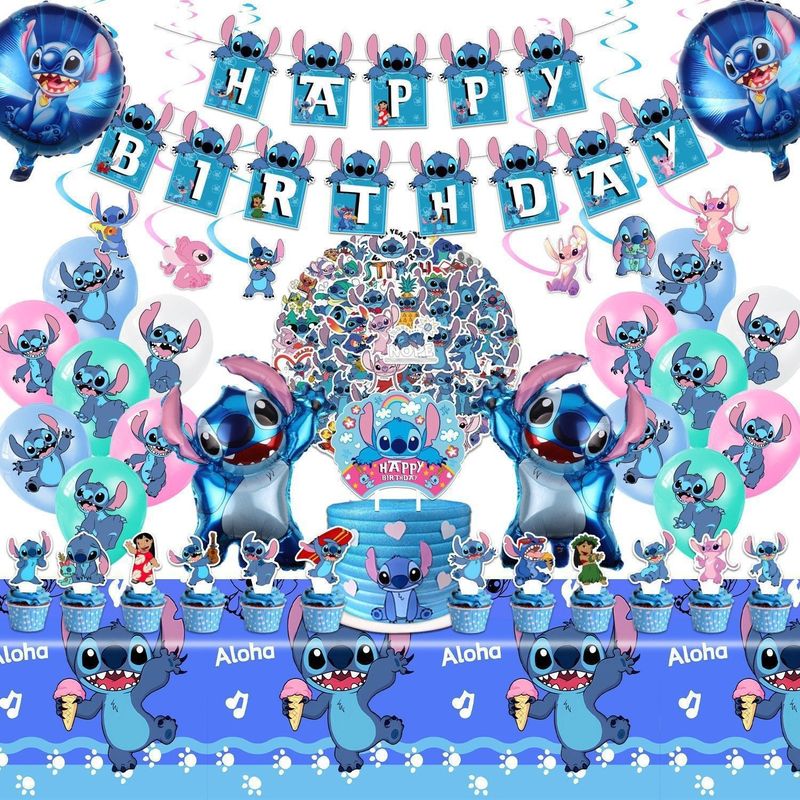 スポットブルーステッチテーマパーティーデコレーション子供の誕生日フラグケーキカードバルーンステッカーセット|undefined