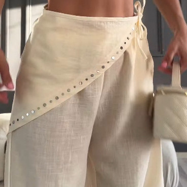Women's High-Waisted Wide-Leg Linen-Look Pants With Rhinestone Detail | Loose Fit Summer Casual Trousers_ecoleips.com
