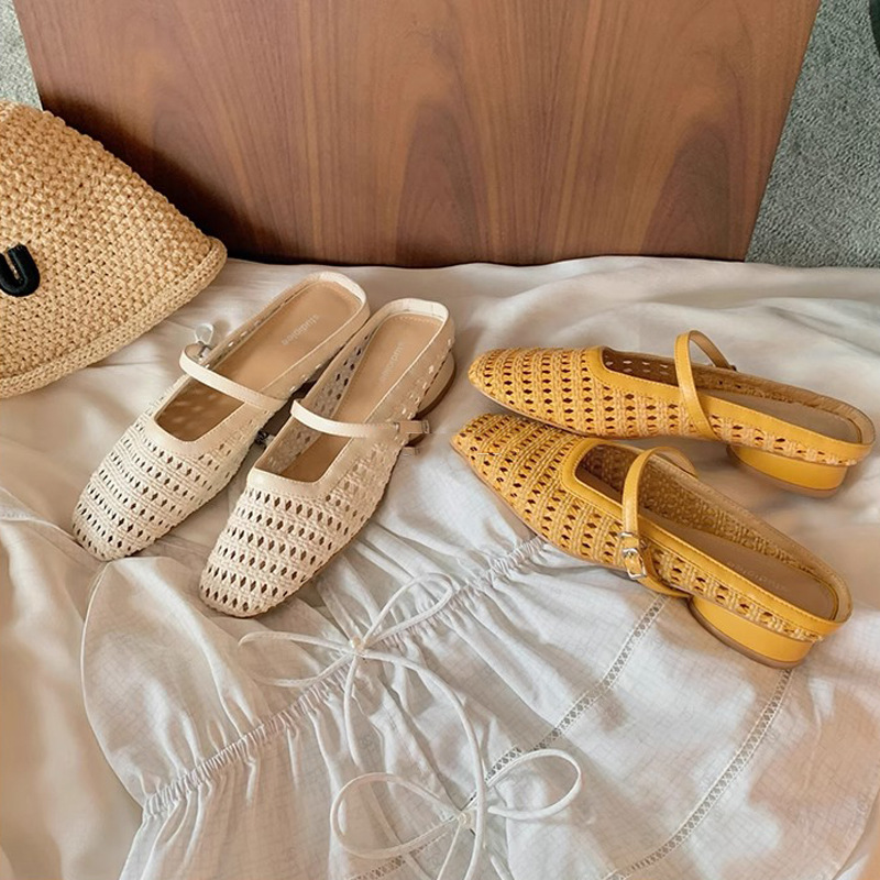 Grape Mom Summer retro tejido cuadrado hueco cabeza de una palabra con sandalias de tacón grueso Muller media pantuflas ropa exterior femenina