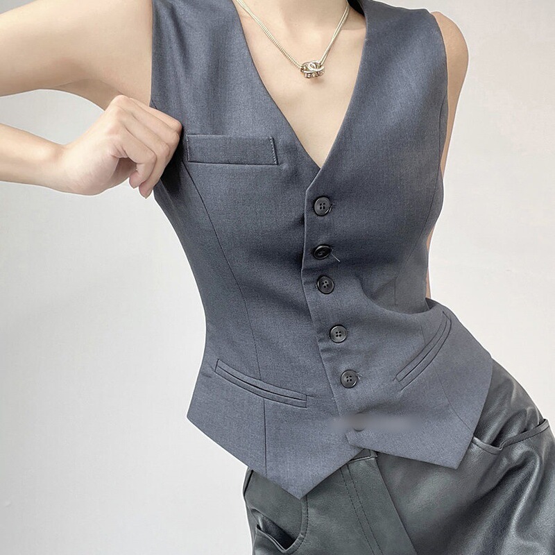 狂った心の中の灰色の修身の袖なしのスーツのベストのコートの女性の春夏の短いタイプの臍のvネックの肩の上着|undefined