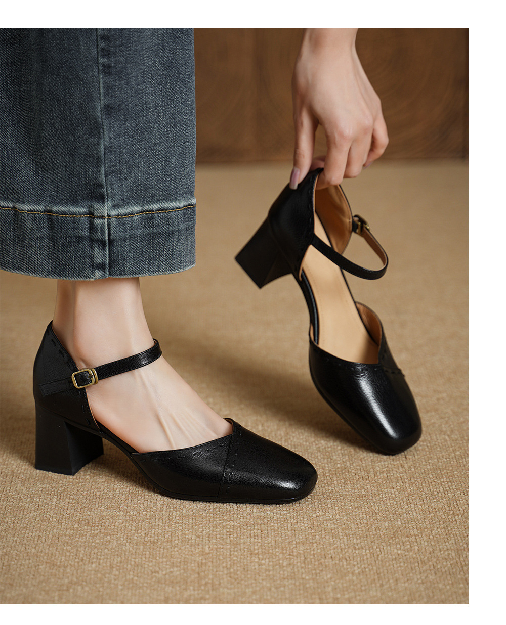 Giày sandal cao gót nữ quai ngang mũi vuông gót 6 cm — đen chi tiết 9