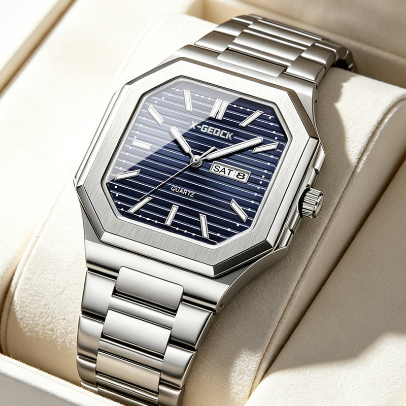 New stylish men's wristwatch with a simple sunburst pattern, solid steel band, square shape, fully automatic non-mechanical watch with luminous display and calendar