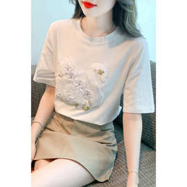 重工天鹅刺绣短袖T恤女夏季设计感时尚简约小众别致宽松遮肉上衣