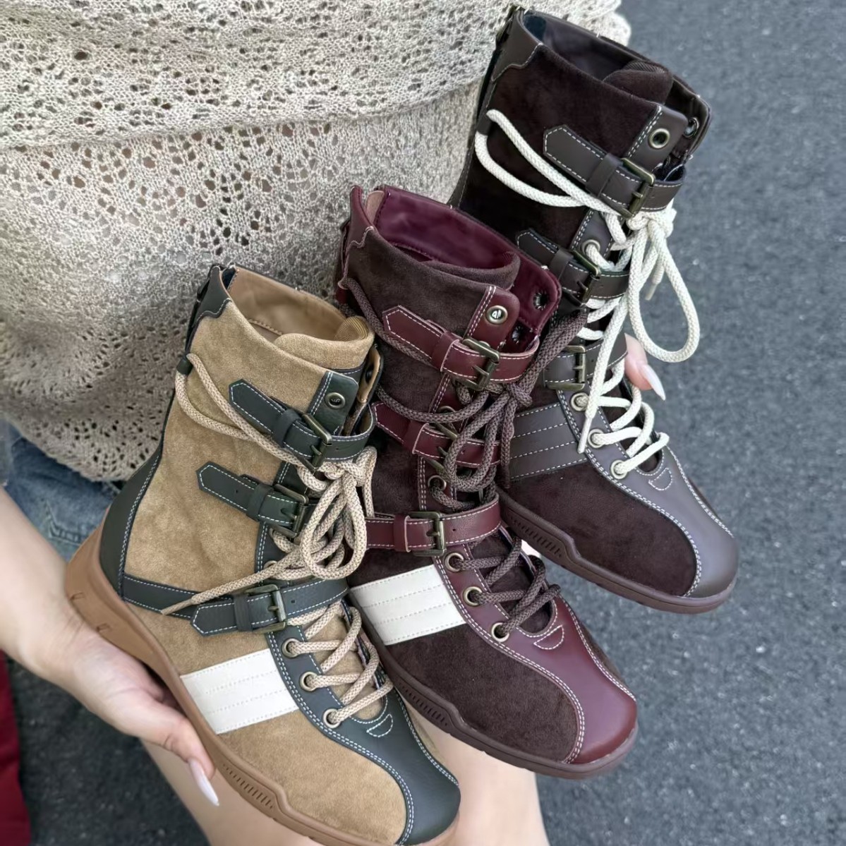 Fashion Design Color-Blocked Leather Buckle Boxing Shoes Women's High-Top Training Shoes Casual Martin Boots Trendy