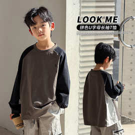 春季男童长袖T恤新款中大童装儿童男孩字母上衣宽松个性潮流t代发