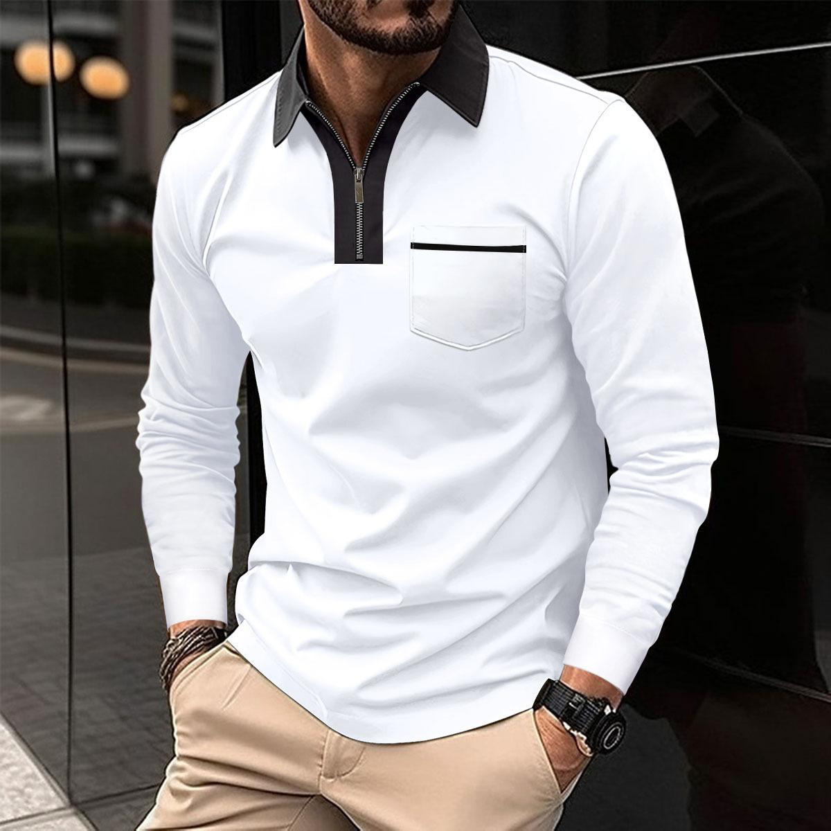 Men's Casual Solid New Long Sleeved Polo Shirt Autumn And Winter Lapel Zippered T-Shirt Top Golf Men's High-Quality Street Wear_voghion.com