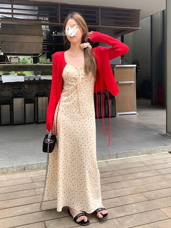 Tea Break French-Style Lace-Up Floral Dress for Women, Summer Waist-Cinching Slim-Fit Long Dress for Tall Individuals, Ankle-Length Extra-Long Style