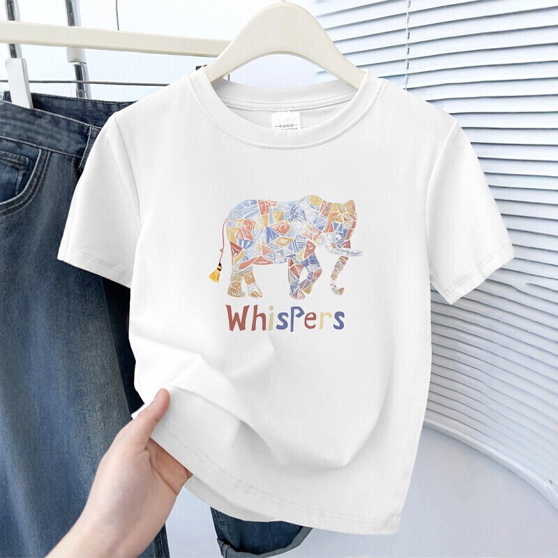 Pure Cotton Fashionable Design Elephant Print Short-Sleeved T-Shirt for Women 2025 New Slim Fit Short Summer Top