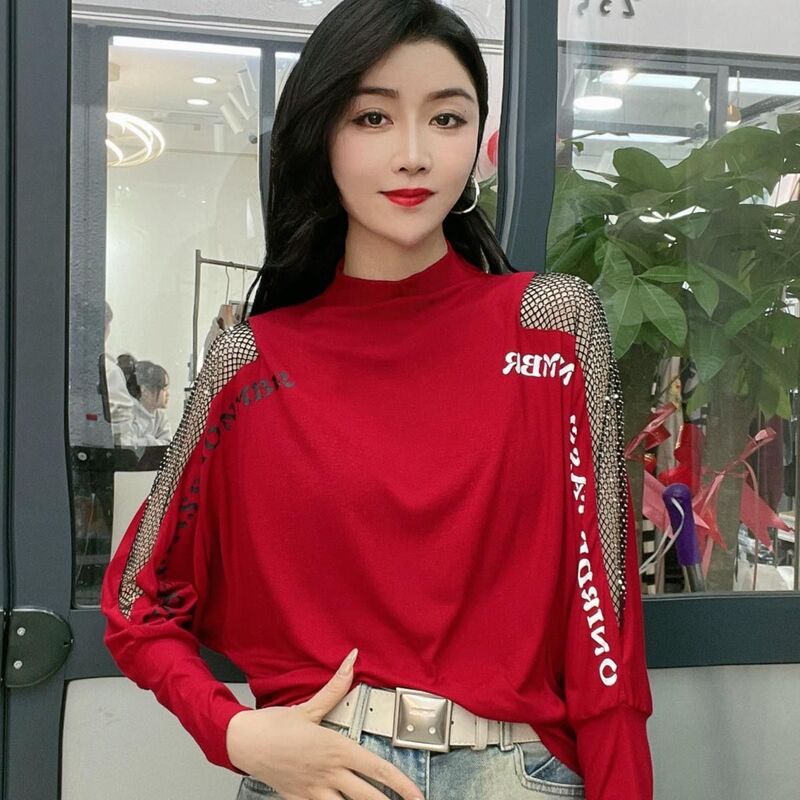 European-Style Women's Clothing with Heavy Rhinestone Embellishments, Long-Sleeve Loose Plus-Size T-Shirt for Women, Designed to Cover and Flatter, with a Lazy Style European-Style Women's Clothing with Heavy Rhinestone Embellishments, Long-Sleeve Loose Plus-Size T-Shirt for Women, Designed to Cover and Flatter, with a Lazy Style