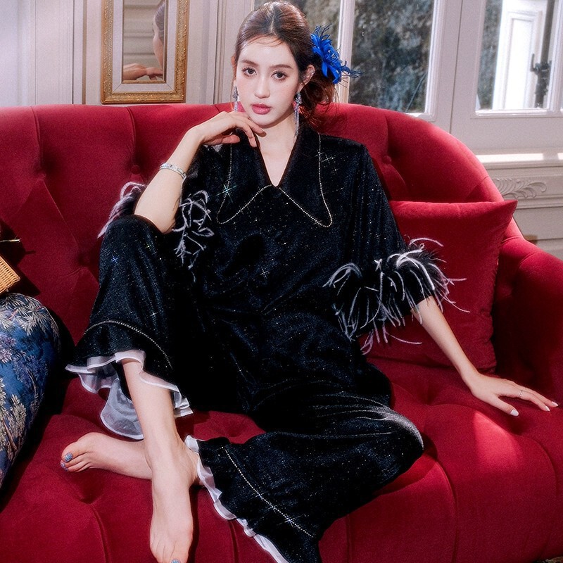 New detachable soft sequin padded pajama two-piece set, ice silk home wear satin suit, can be worn outside New detachable soft sequin padded pajama two-piece set, ice silk home wear satin suit, can be worn outside