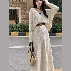 小香风钩花针织衫半身裙两件套秋季时尚盐系轻熟显瘦减龄两件套装