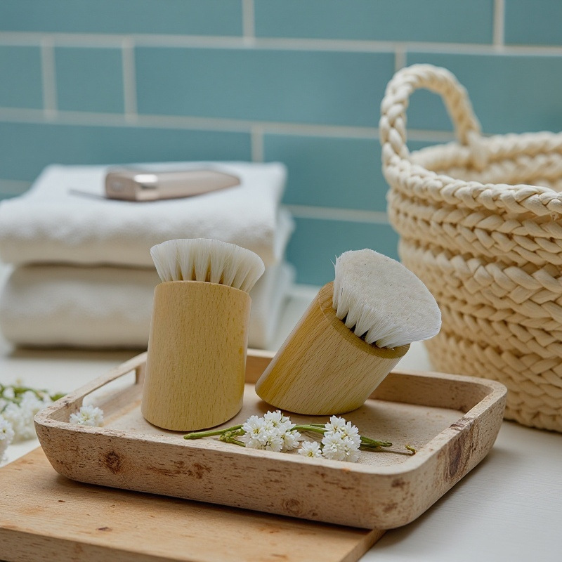 Cepillo de masaje de madera profundo, cepillo de lana inclinado de beech, cepillo de limpieza facial, cepillo facial pequeño, cepillo de limpieza facial profundo