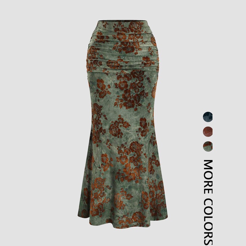 2026 European and American New Retro Velvet Printed Fishtail Skirt Long Skirt High Waist Slimming Sexy Hot Girl Skirt 2026 European and American New Retro Velvet Printed Fishtail Skirt Long Skirt High Waist Slimming Sexy Hot Girl Skirt