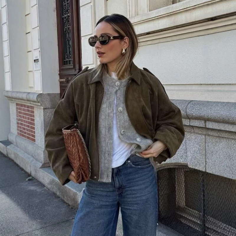 European and American Cross-Border Women's Clothing 2025 Early Spring New Fashion Suede Casual Style Versatile Casual Simple Aviator Jacket
