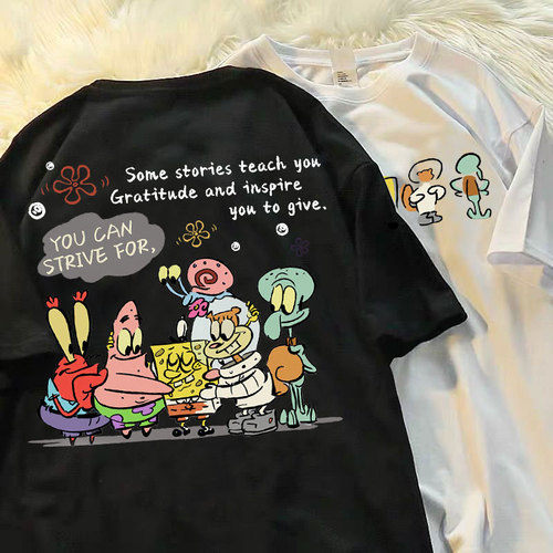 100% Pure Cotton Western and Eastern Cartoon SpongeBob Short-Sleeve T-Shirt for Boys and Girls, Fashion Children Half-Sleeve T-Shirt Top Trendy