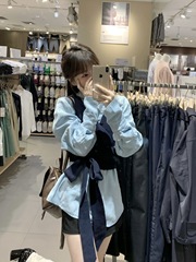 秋冬搭配一整套女v领系带短款针织背心上衣长袖牛仔衬衫两件套装