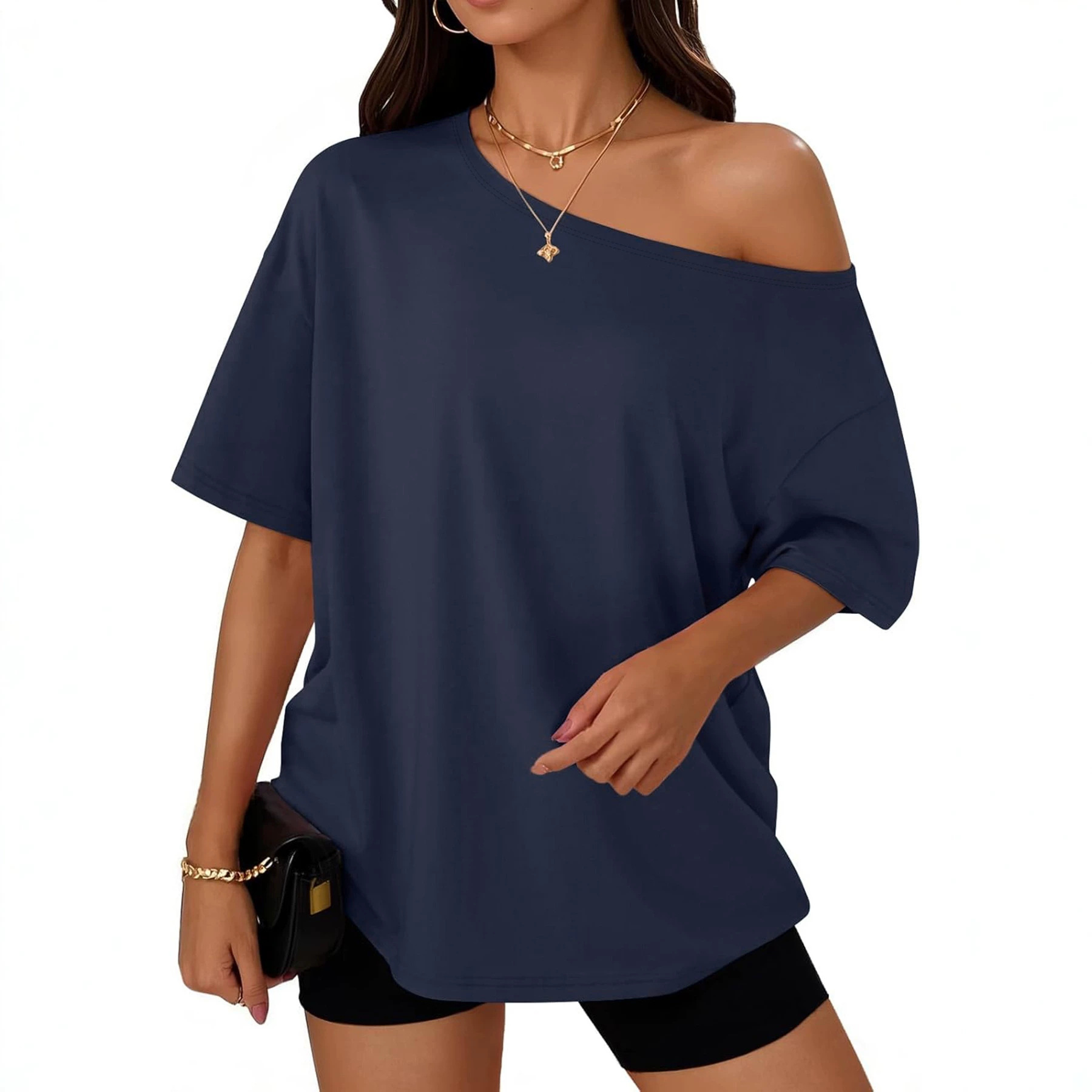 Women's Clothing Women's Y2K Loose Off-Shoulder Top Design Fashion T-Shirt For Formal & Casual For Women Solid Color_ecoleips.com