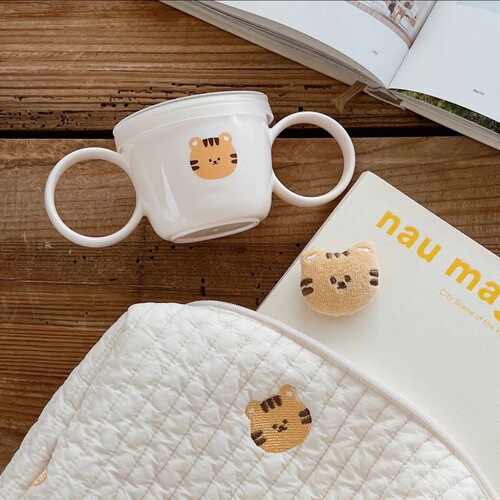 ins Korean style baby food binaural bowl, multi-functional binaural bowl with straw, anti-spill and leak-proof snack cup with lid