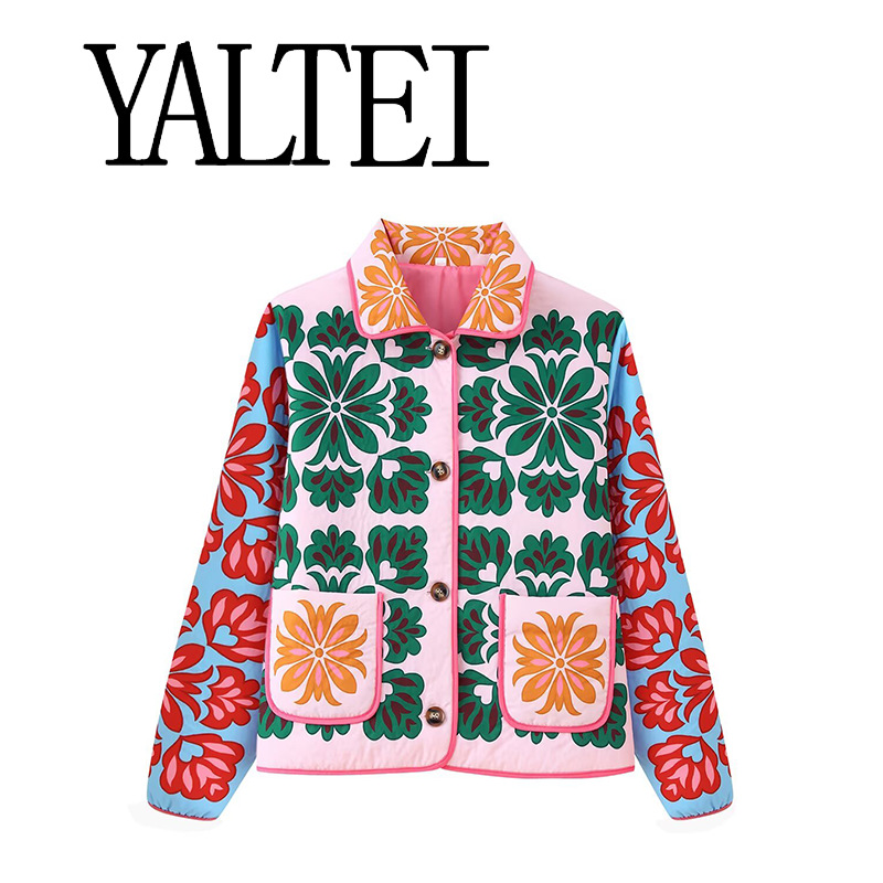 YALTEI跨境速卖通ins欧美外贸 女装 时尚百搭 定位印花棉服外套