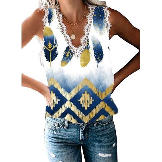 Amazon Cross-Border Fashion 3D Digital Print Full-Body Printed Vest Lace Sleeveless T-Shirt European and American Style for Women Commuting