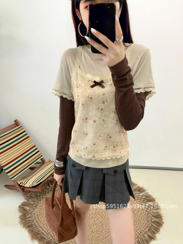 现货发！25早秋新款碎花吊带背心假两件长袖套头上衣女|undefined