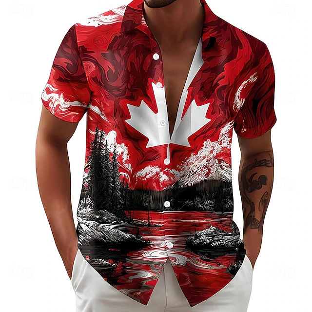 Canadian National Day Men's Abstract Maple Leaf Print Hawaiian Shirt Short Sleeve Buttoned Aloha Shirt Canadian National Day Men's Abstract Maple Leaf Print Hawaiian Shirt Short Sleeve Buttoned Aloha Shirt