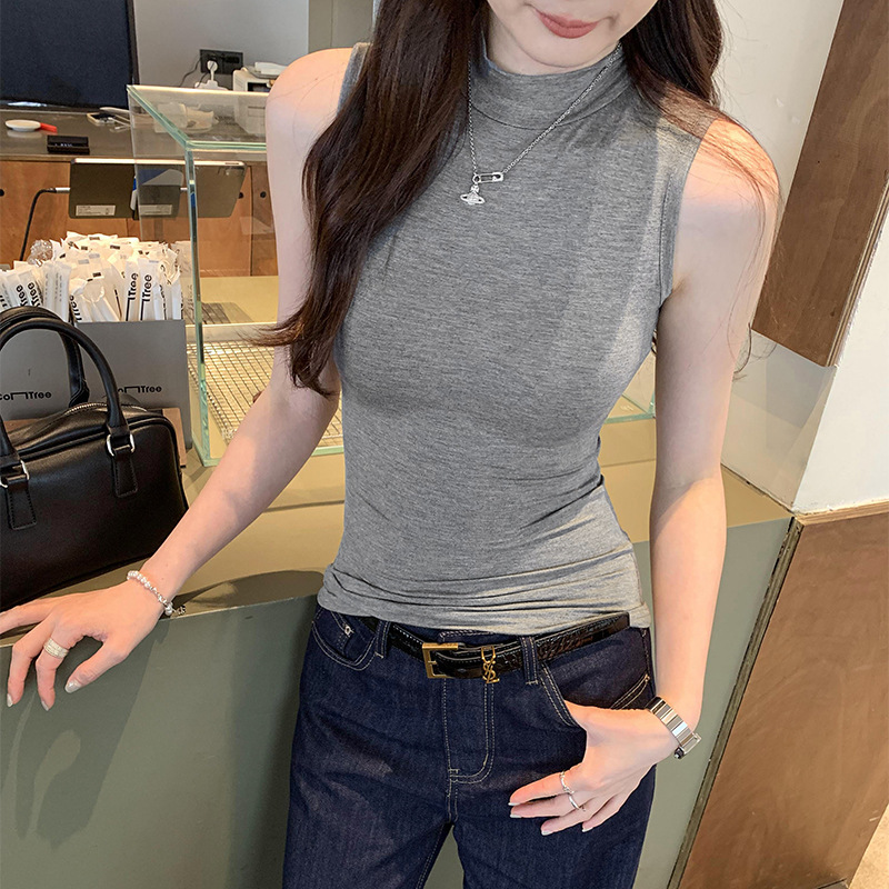 ホットアメリカンデザインノースリーブハーフタートルネックベスト女性のための 2025 夏アウターユニークで美しいスリム T シャツ|undefined