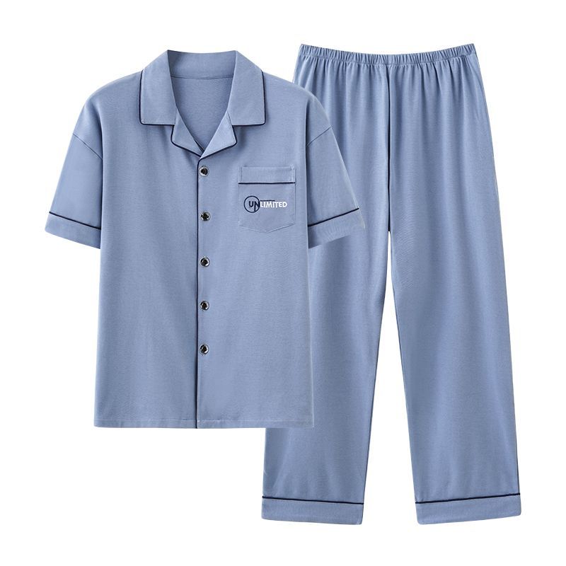 Pijama de algodón para hombre primavera y otoño pantalones de manga corta chaqueta de solapa traje simple